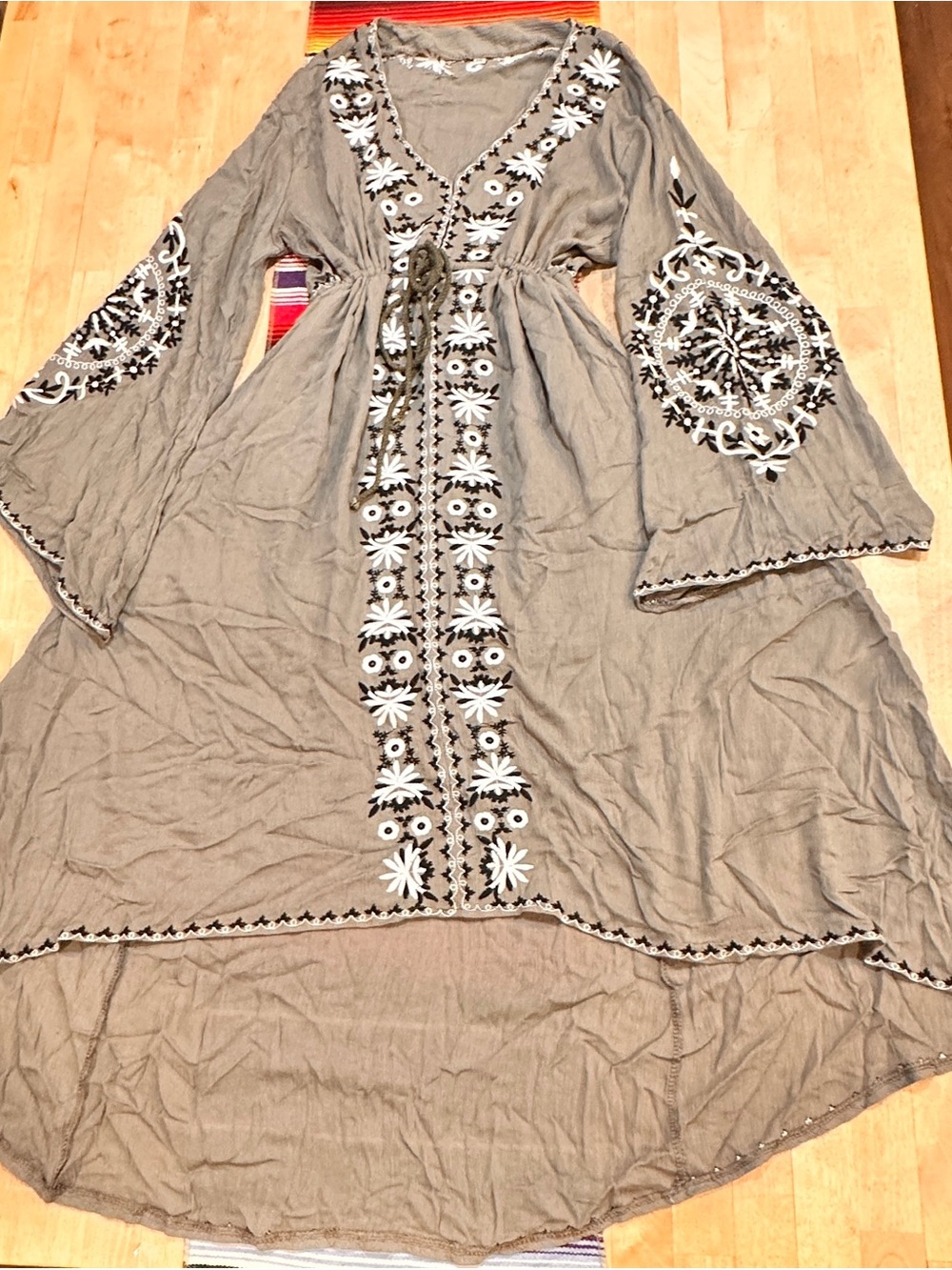 Boho Embroidered Taupe High-Low Dress with V-Neck